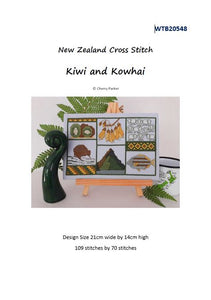 CraftCo Cross-stitch chart - Cherry Parker's New Zealand Kiwi & Kowhai, includes Kiwifruit, Sheep, Fish & Mountains