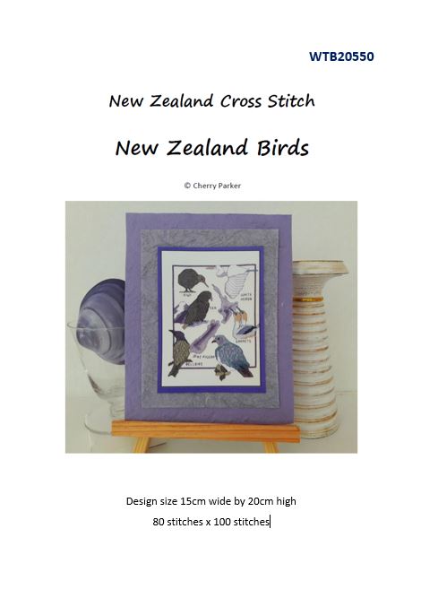 CraftCo Cross-stitch chart - Cherry Parker's New Zealand Birds, includes a map, Kiwi, Kea, Kereru, Korimako, Kotuku & Takupu