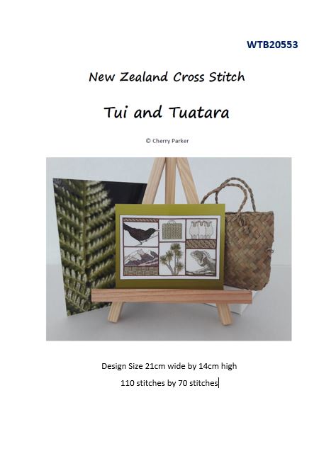 CraftCo Cross-stitch chart - Cherry Parker's New Zealand Tui & Tuatara, includes Kete, Sheep, Trees & Mountains