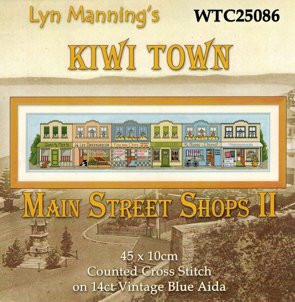 Lyn Manning's Kiwi Town Main Street Shops cross stitch kit with a vintage-style town scene.