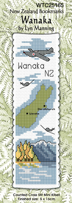 New Zealand designed Cross-stitch bookmark with Wanaka motifs.