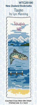 New Zealand designed Cross-stitch bookmark with Taupo motifs.