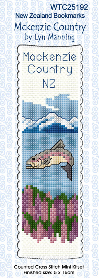 New Zealand designed Cross-stitch bookmark with Mackenzie Country motifs.