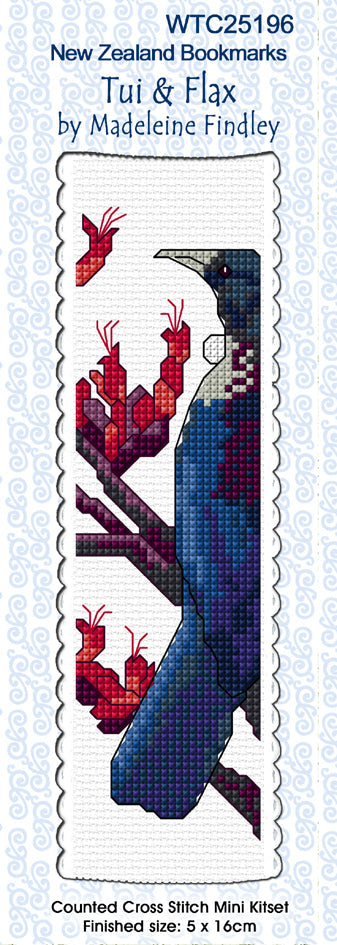 New Zealand designed Cross-stitch bookmark with Tui birds & Flax.