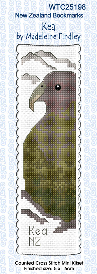 New Zealand designed Cross-stitch bookmark with Kea bird.