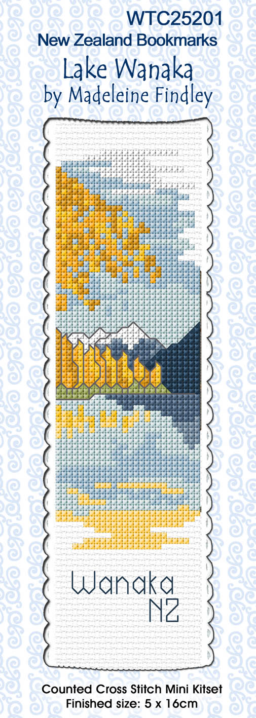 New Zealand designed Cross-stitch bookmark with Lake Wanaka motifs.