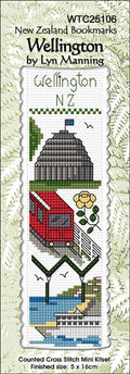 New Zealand designed Cross-stitch bookmark with Wellington motifs.