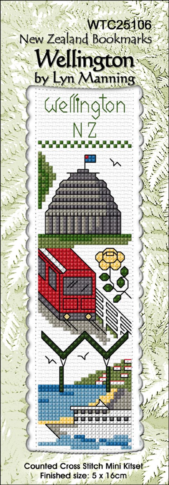 New Zealand designed Cross-stitch bookmark with Wellington motifs.