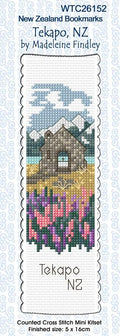 New Zealand designed Cross-stitch bookmark with Tekapo motifs.
