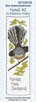 New Zealand designed Cross-stitch bookmark with a Fantail bird.