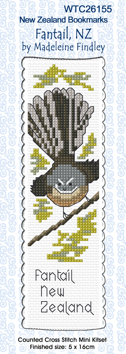 New Zealand designed Cross-stitch bookmark with a Fantail bird.