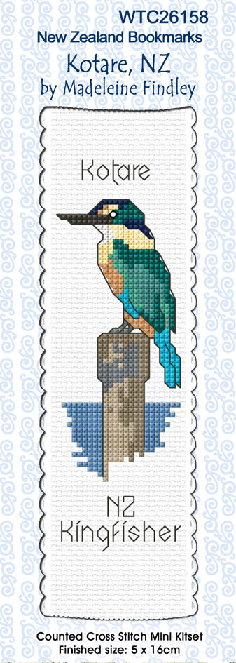 New Zealand designed Cross-stitch bookmark with a Kotare.