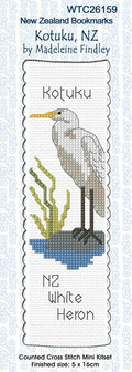 New Zealand designed Cross-stitch bookmark with a Kotuku.