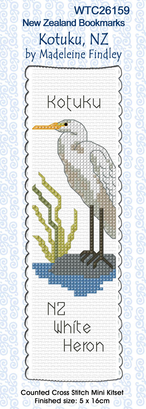 New Zealand designed Cross-stitch bookmark with a Kotuku.