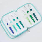 Set of Knitpro Waves crochet hooks in a teal case on a light gray background