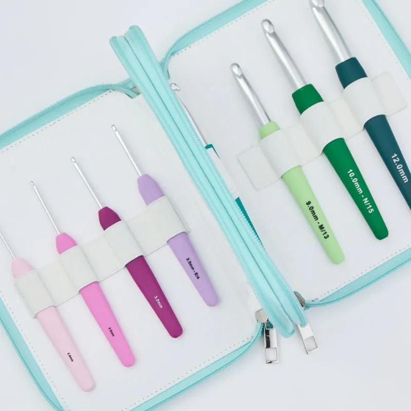 Set of Knitpro crochet hooks in a turquoise case on a light gray background