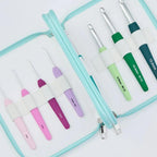Set of Knitpro crochet hooks in a turquoise case on a light gray background