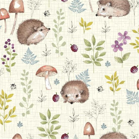 Fabric swatch with hedgehogs, berries, flowers, mushrooms and ladybugs in a meadow