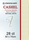 Zweigart Cashel premium quality canvas needlepoint mats in natural white, 28 count, 50 x 70cm. The packaging shows the Zweigart brand logo, 'Cashel' in red, and a sample of the canvas texture on the right side.