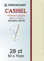 Zweigart Cashel premium quality canvas needlepoint mats in natural white, 28 count, 50 x 70cm. The packaging shows the Zweigart brand logo, 'Cashel' in red, and a sample of the canvas texture on the right side.