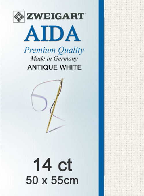 Packaging for Aida fabric showing a small piece of white aida fabric with a needle and thread, and text indicating the brand, quality, and size.