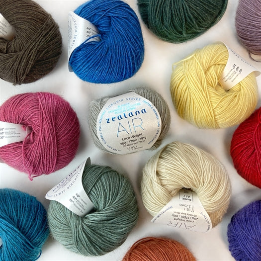 Picture of multiple colours of Air Lace yarn from Zealana New Zealand. 