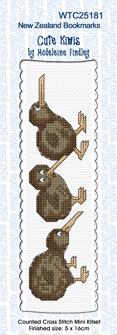 New Zealand designed Cross-stitch bookmark with Cute Kiwis.