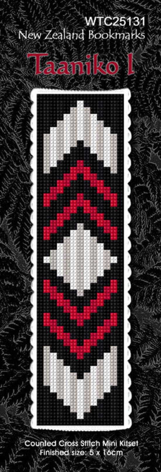 New Zealand designed Cross-stitch bookmark with a Maori Taaniko pattern.