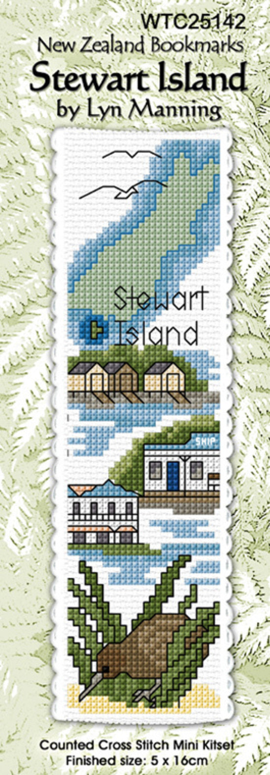 New Zealand designed Cross-stitch bookmark with Stewart Island motifs.