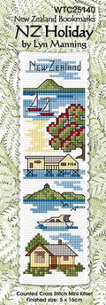 New Zealand designed Cross-stitch bookmark with New Zealand Holiday motifs.