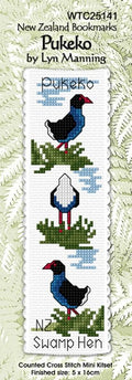 New Zealand designed Cross-stitch bookmark with Pukeko birds.