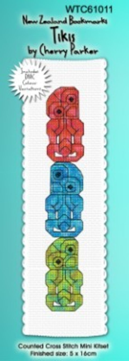 New Zealand designed Cross-stitch bookmark with Tikis designs.