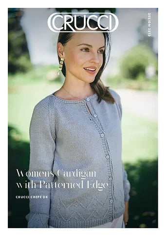 Crucci Knitting Pattern 2213  - Ladies Cardigan with Raglan Sleeves, Boat Neck and Lace Edge in 8-ply / DK