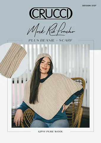 Crucci Knitting Pattern 2127  - Ladies Poncho, Beanie & Scarf with Mock Ribbing in 12-ply / Aran weight