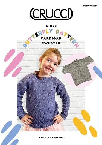 Crucci Knitting Pattern 2314  - Girls Butterfly Patterned Pullover and Cardigan in 8-ply / DK