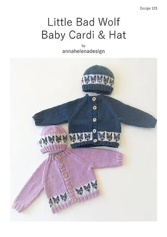 AnnaHelenaDesign Knitting Pattern 123  - Cardigan with Raglan Sleeves & Hat with Wolf design in 4-ply / FIngering