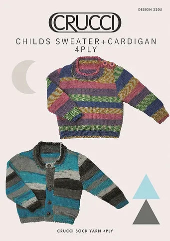 Crucci Knitting Pattern 2205  - Childs Simple Cardigan & Pullover in 4-ply / Fingering