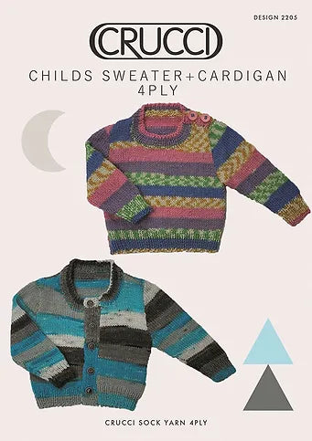 Crucci Knitting Pattern 2205  - Childs Simple Cardigan & Pullover in 4-ply / Fingering