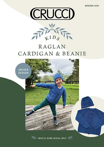Crucci Knitting Pattern 2121  - Childs Raglan Cardigan & Beanie in 4-ply / Fingering