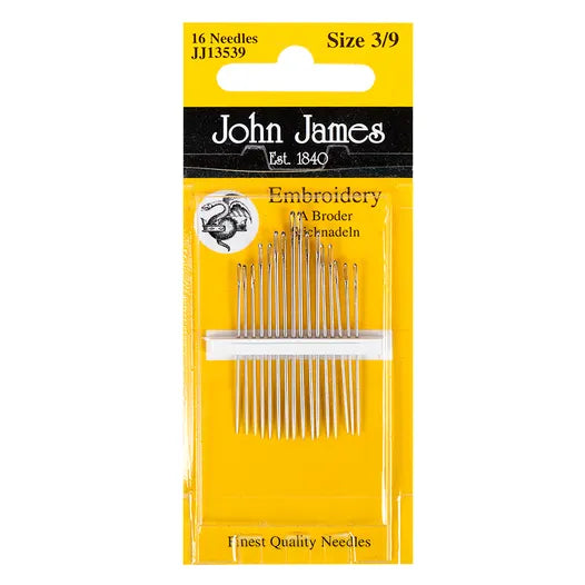 Pack of John James embroidery needles on a yellow and black packaging