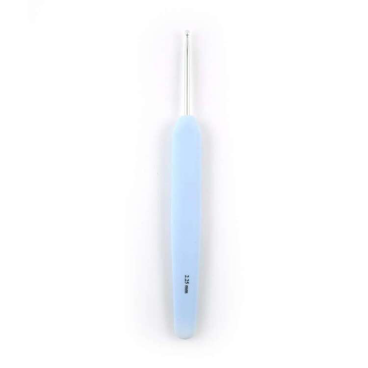 Light blue crochet hook on a white background