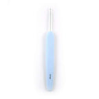 Light blue crochet hook on a white background