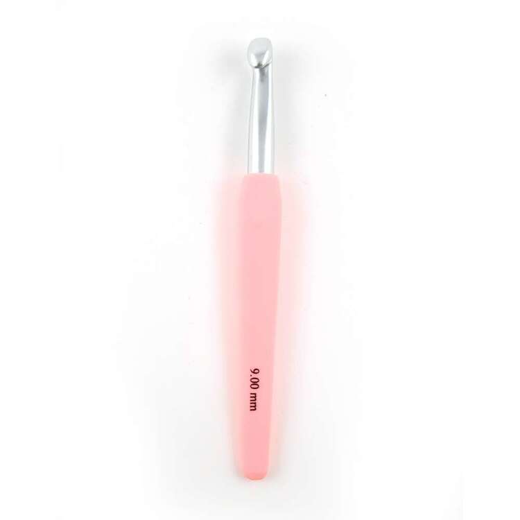 Pink crochet hook with silver metal tip on a white background