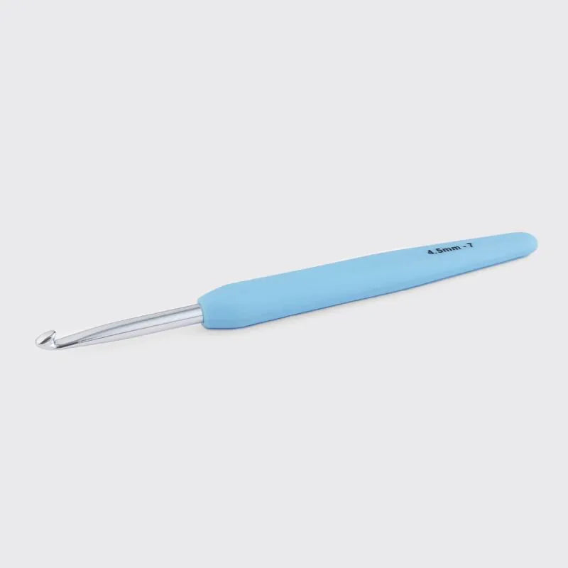 Light blue crochet hook on a white background