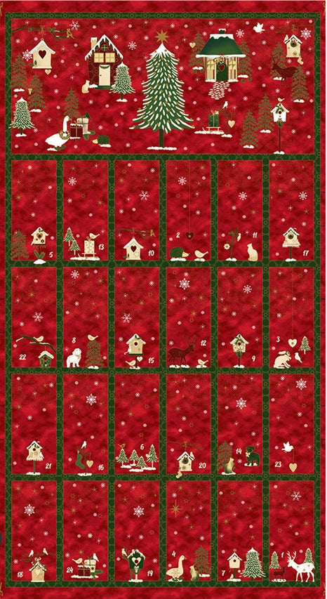 Frosty Snowflake - Advent Calendar Panel by Stof with Gold Overlay and Christmas Motifs on a Red background