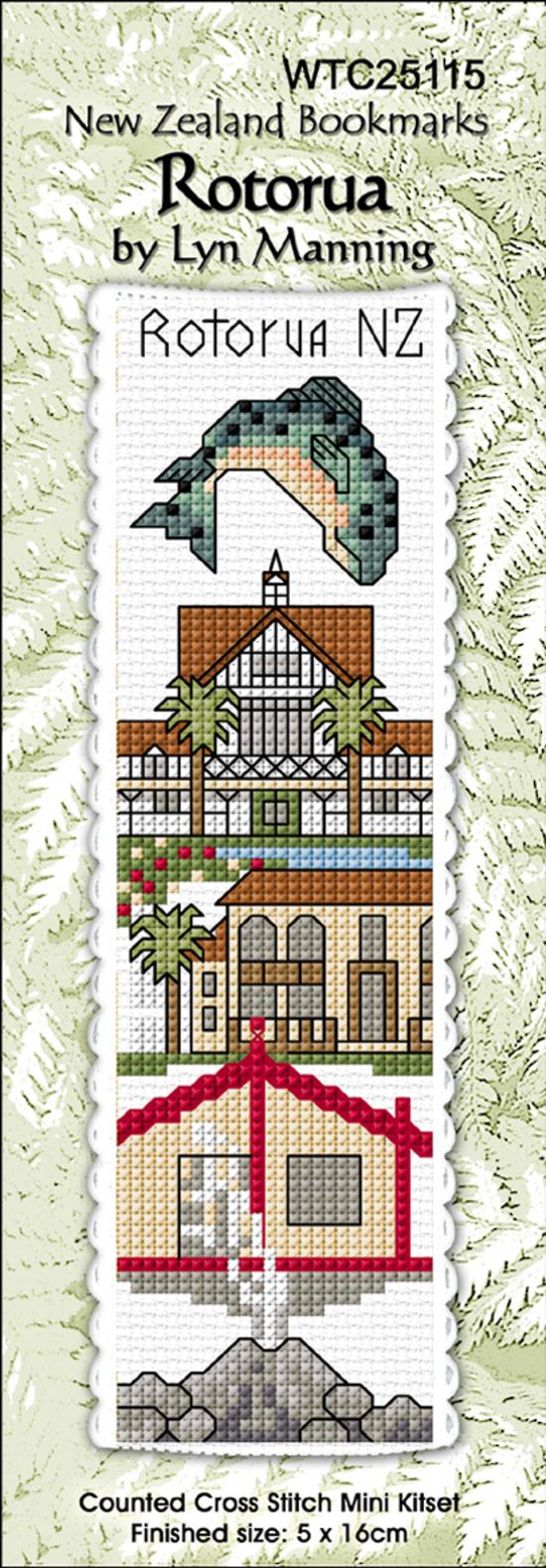 Cross-stitch bookmark kit with Rotorua-themed design by Lyn Manning