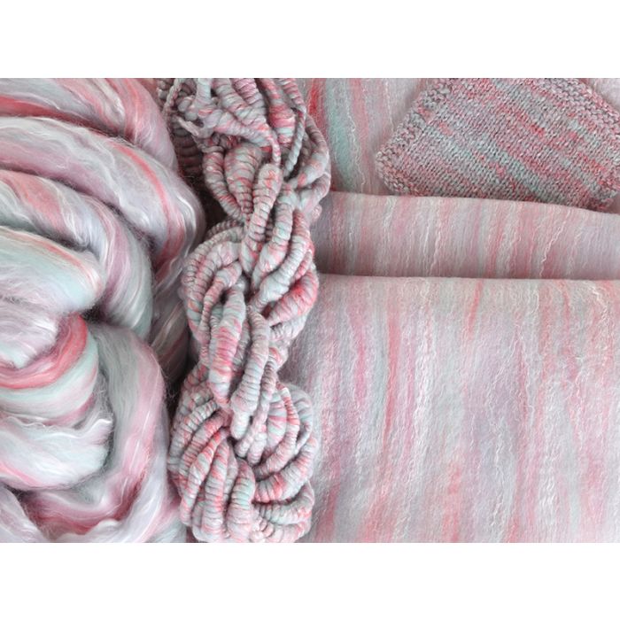 Picture of sample projects made with New Zealand Merino and Silk unspun fibre dyed in multi-colour pastel pinks and ice blue