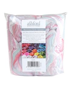 Picture of the packaging of 100 grams of New Zealand Merino and Silk unspun fibre dyed in multi-colour pastel pinks and ice blue