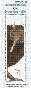 New Zealand designed Cross-stitch bookmark with a Kiwi bird.