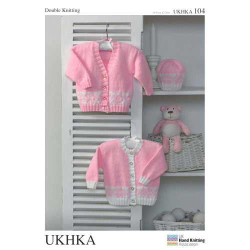 UKHKA 104 - Cardigan with V-neck or Round Collar, and Hat in DK / 8-ply for Premie to 12 months